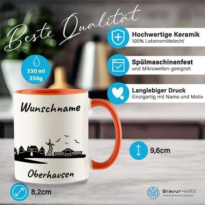 Tasse in Orange 330ml bedruckt mit der Skyline von Oberhausen personalisierbar mit Wunschname