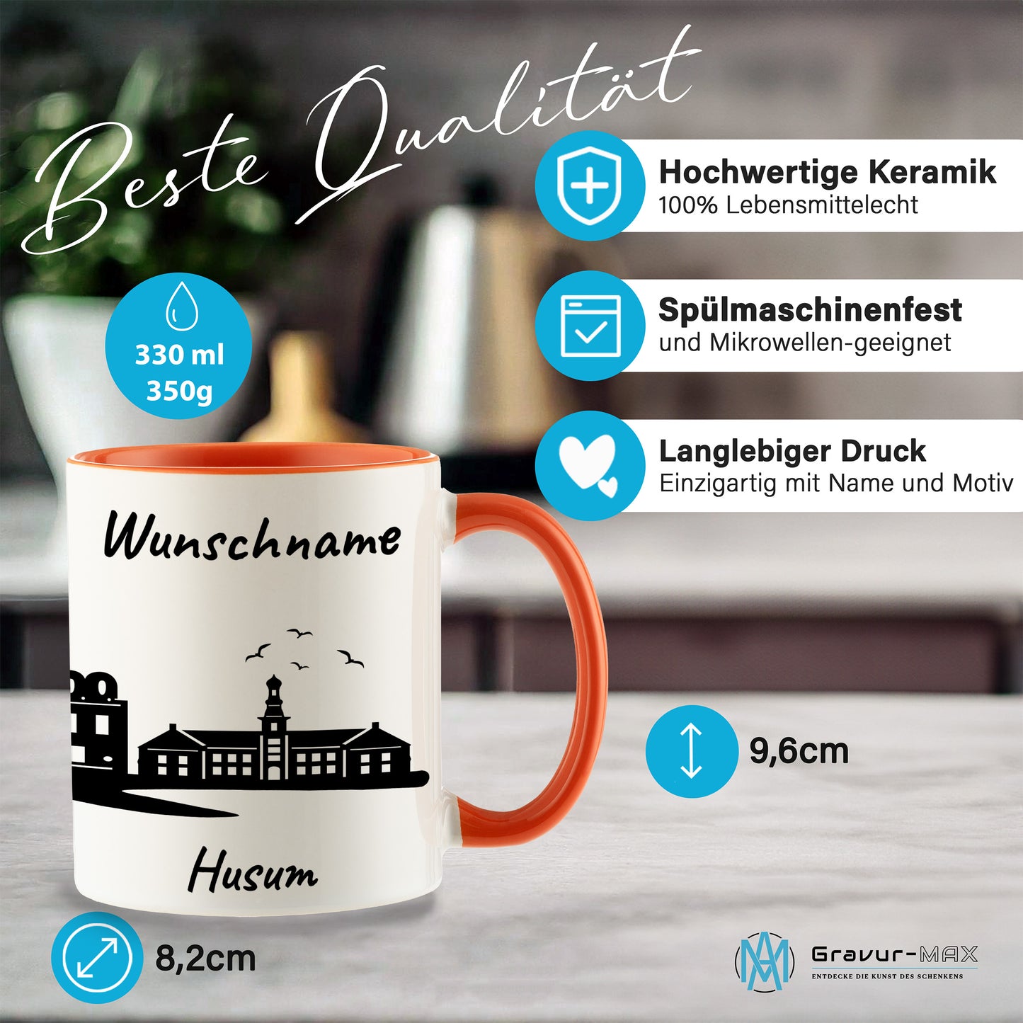 Tasse in Orange 330ml bedruckt mit der Skyline von Husum personalisierbar mit Wunschname