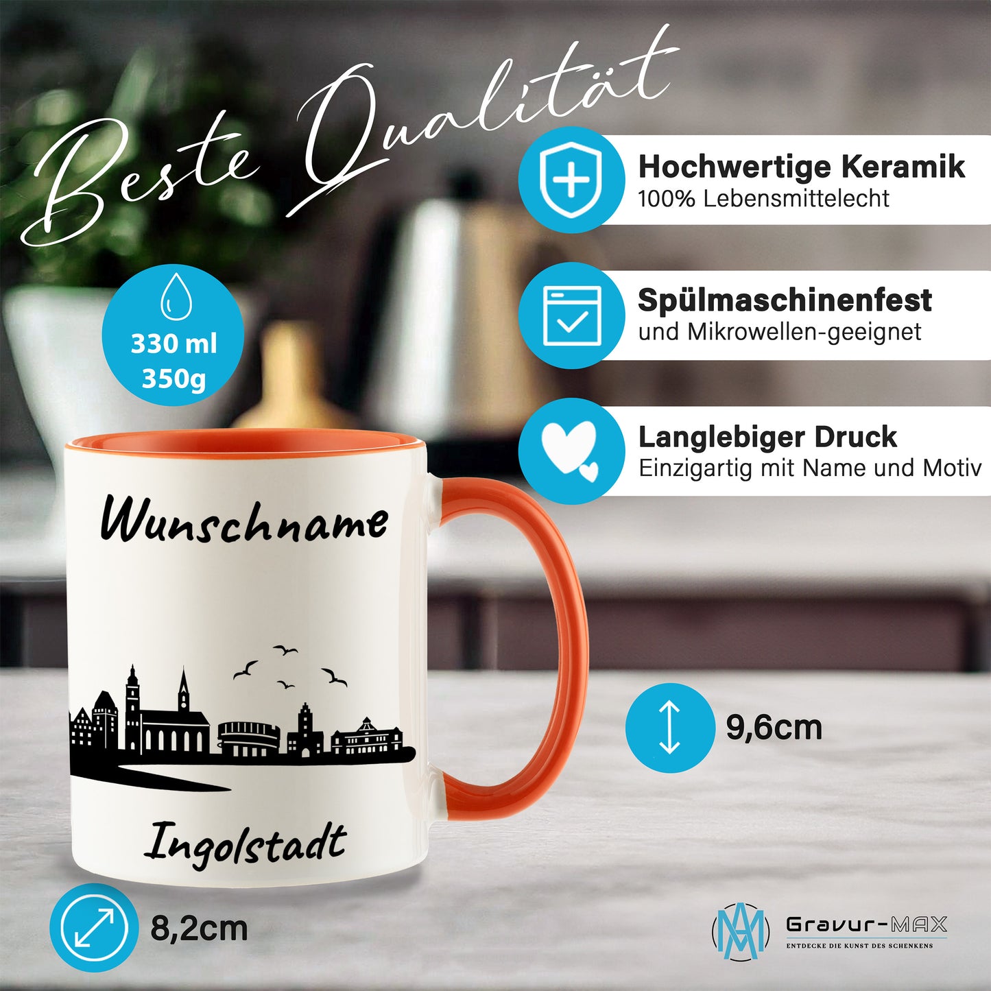 Tasse in Orange 330ml bedruckt mit der Skyline von Ingolstadt personalisierbar mit Wunschname