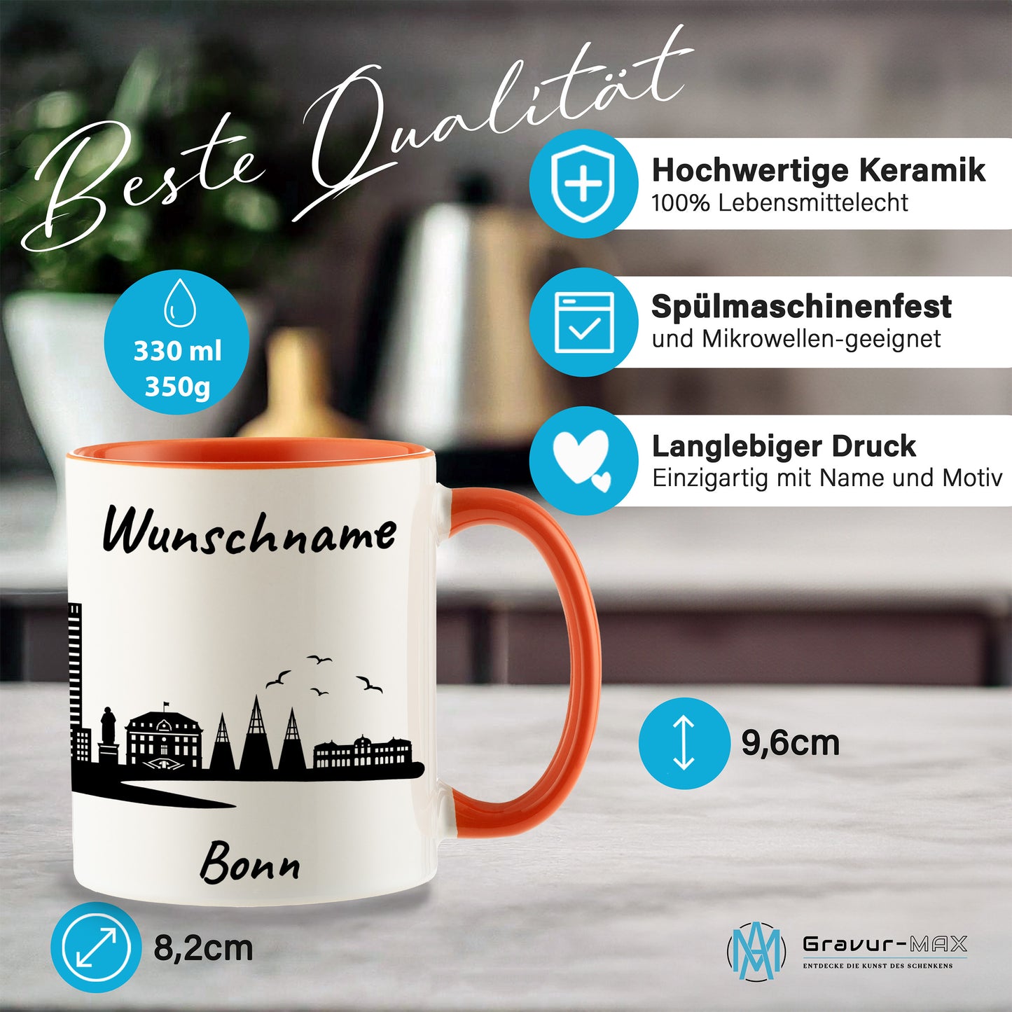 Tasse in Orange 330ml bedruckt mit der Skyline von Bonn personalisierbar mit Wunschname