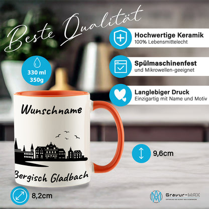 Tasse in Orange 330ml bedruckt mit der Skyline von Bergisch Gladbach personalisierbar mit Wunschname
