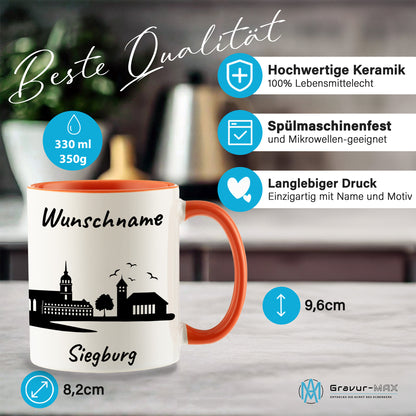 Tasse in Orange 330ml bedruckt mit der Skyline von Siegburg personalisierbar mit Wunschname