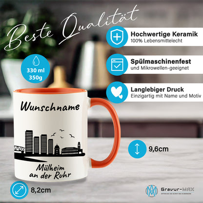 Tasse in Orange 330ml bedruckt mit der Skyline von Mülheim an der Ruhr personalisierbar mit Wunschname