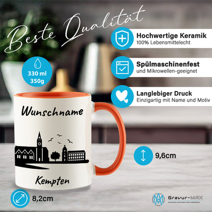 Tasse in Orange 330ml bedruckt mit der Skyline von Kempten personalisierbar mit Wunschname