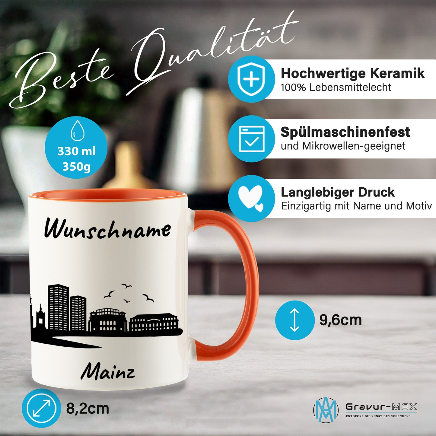 Tasse in Orange 330ml bedruckt mit der Skyline von Mainz personalisierbar mit Wunschname