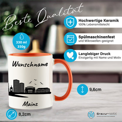 Tasse in Orange 330ml bedruckt mit der Skyline von Mainz personalisierbar mit Wunschname