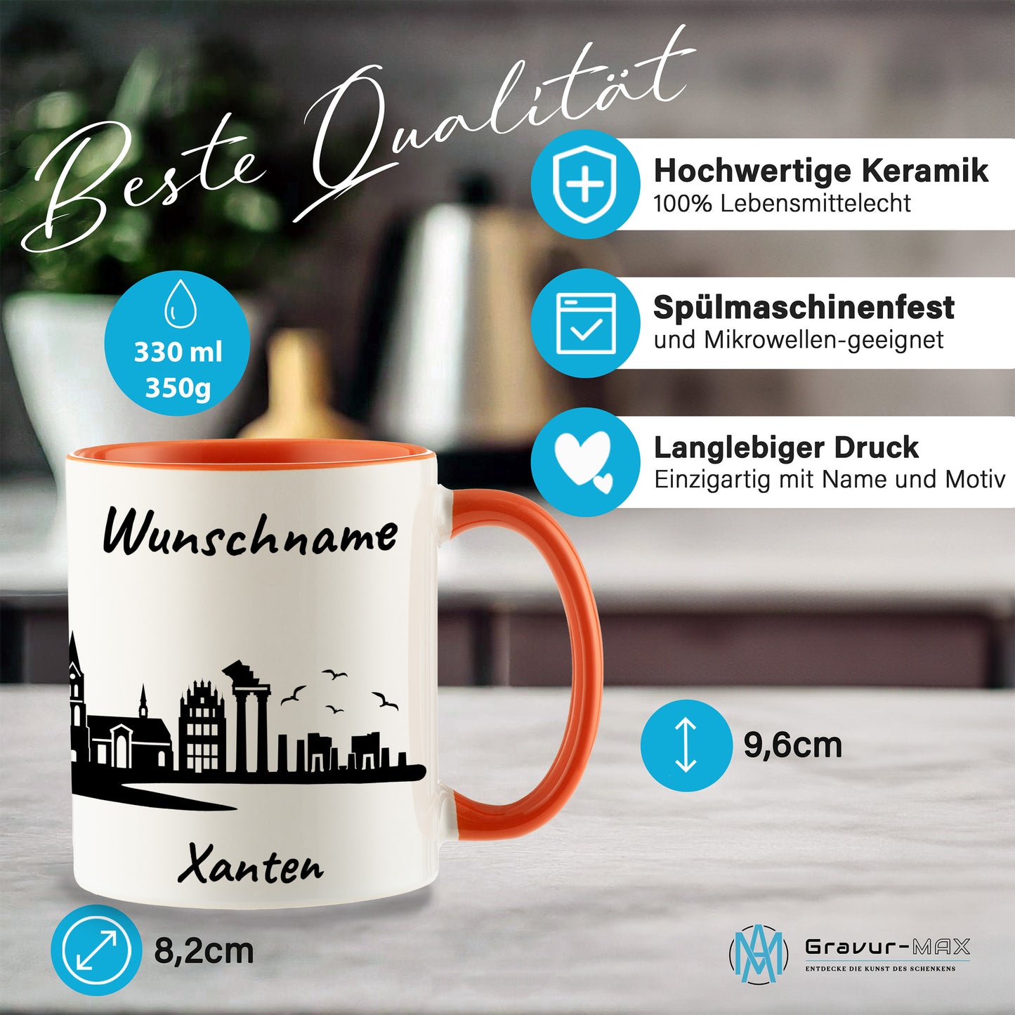 Tasse in Orange 330ml bedruckt mit der Skyline von Xanten personalisierbar mit Wunschname
