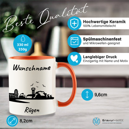 Tasse in Orange 330ml bedruckt mit der Skyline von Rügen personalisierbar mit Wunschname