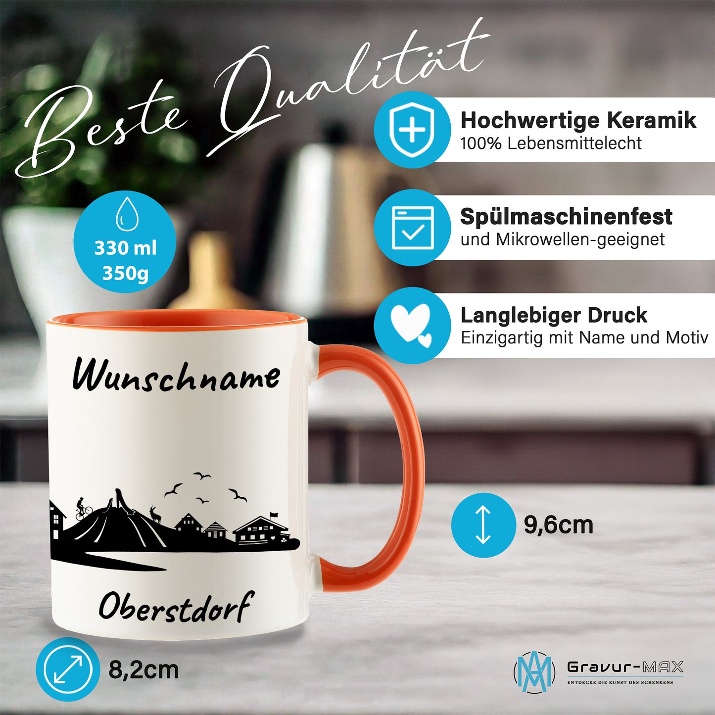 Tasse in Orange 330ml bedruckt mit der Skyline von Oberstdorf personalisierbar mit Wunschname