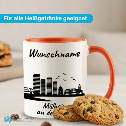 Tasse in Orange 330ml bedruckt mit der Skyline von Mülheim an der Ruhr personalisierbar mit Wunschname