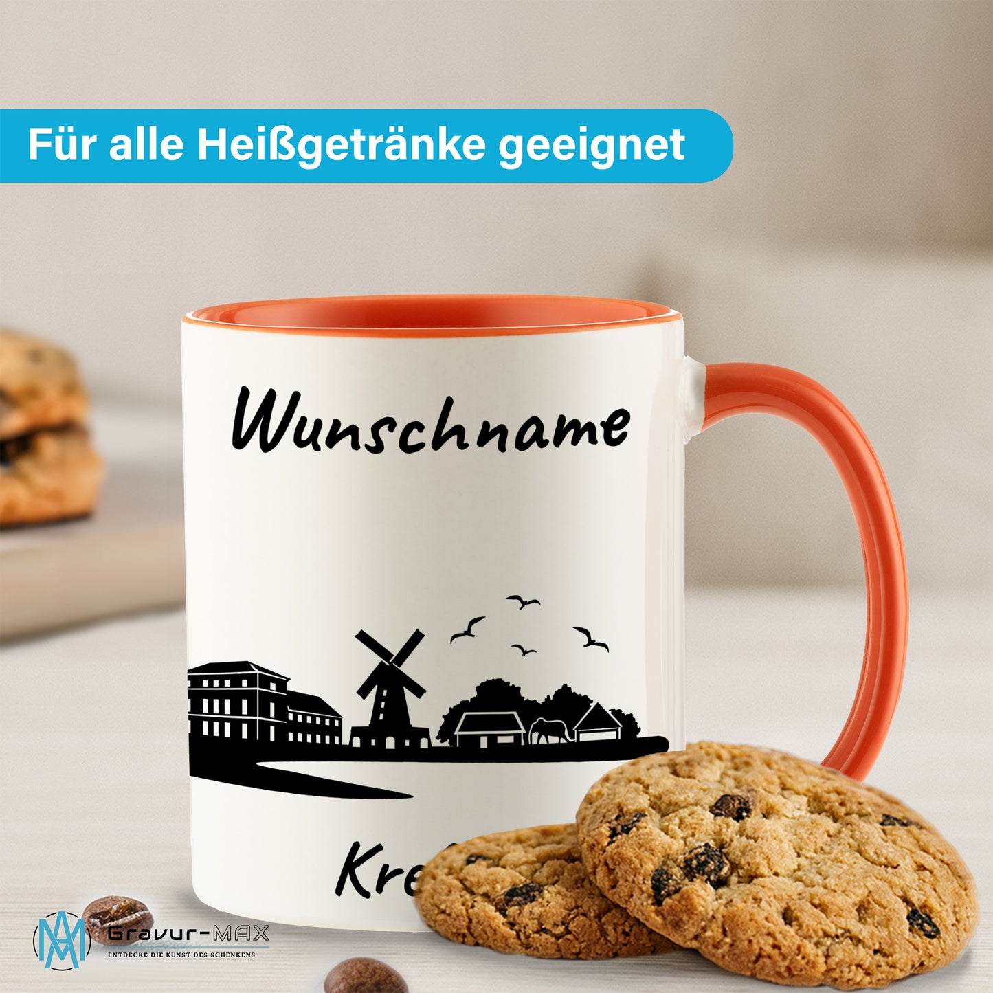 Tasse in Orange 330ml bedruckt mit der Skyline von Krefeld personalisierbar mit Wunschname