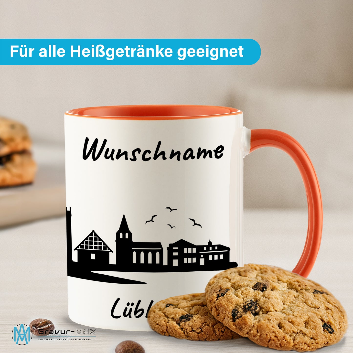 Tasse in Orange 330ml bedruckt mit der Skyline von Lübbecke personalisierbar mit Wunschname