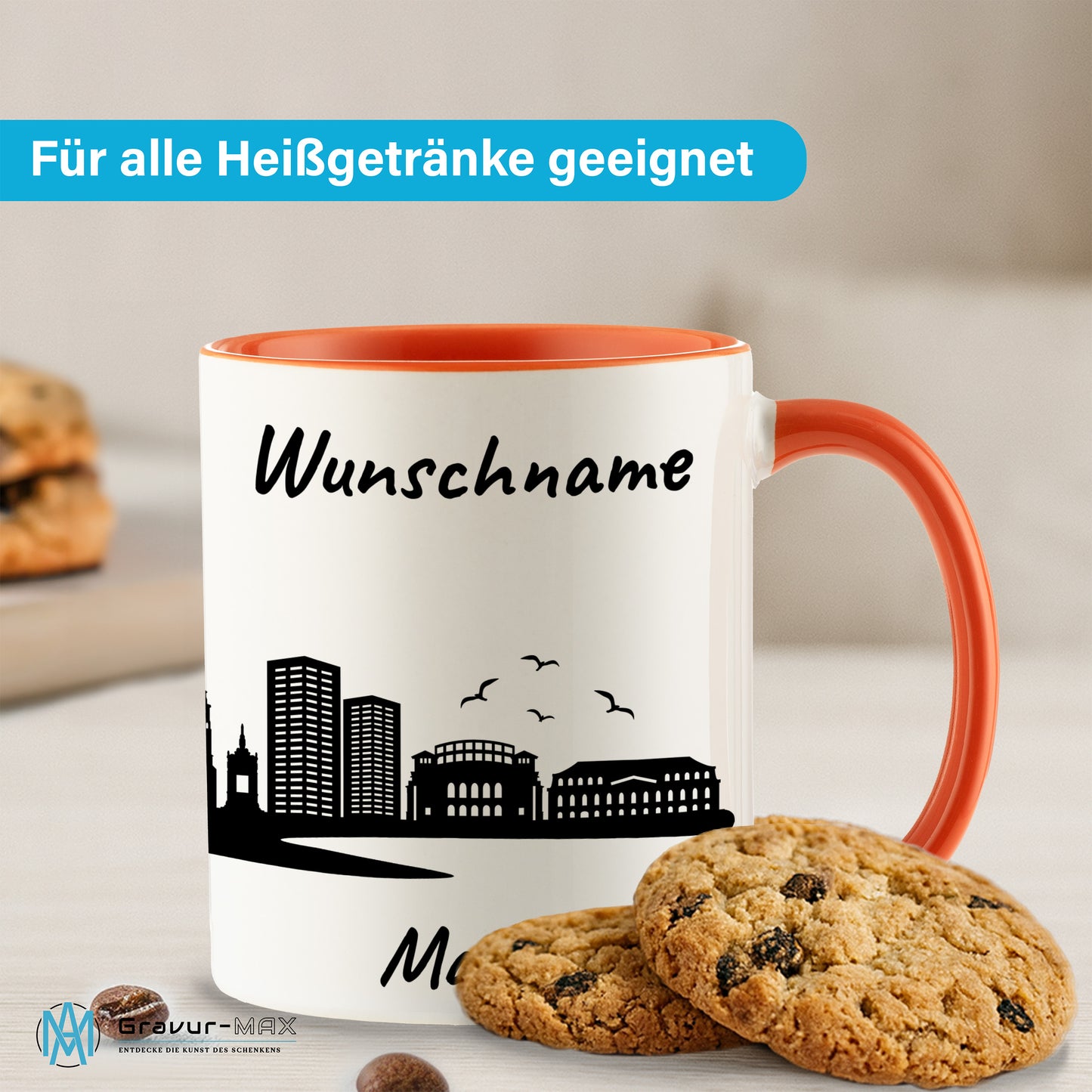 Tasse in Orange 330ml bedruckt mit der Skyline von Mainz personalisierbar mit Wunschname