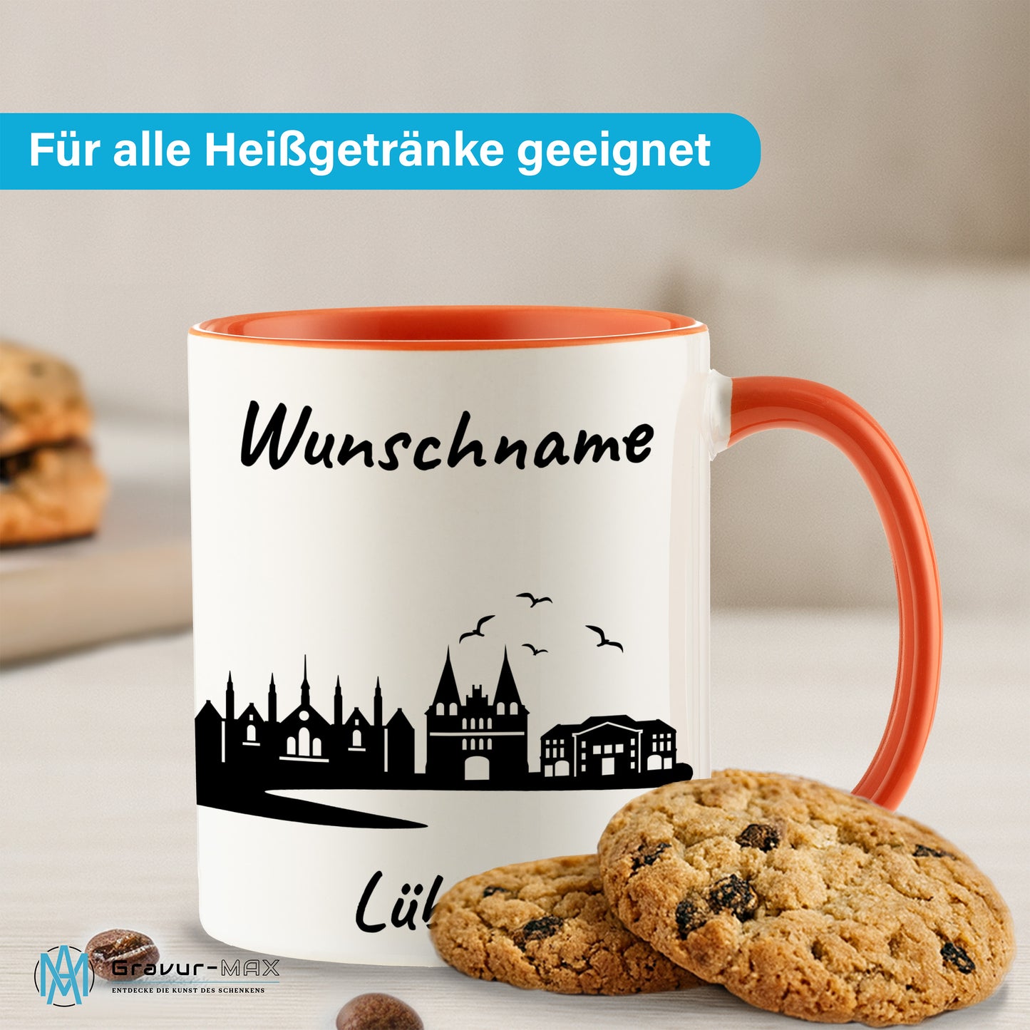 Tasse in Orange 330ml bedruckt mit der Skyline von Lübeck personalisierbar mit Wunschname