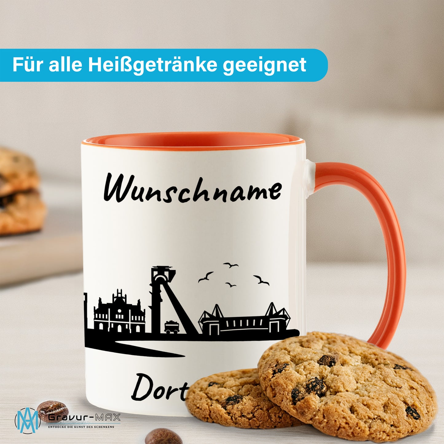 Tasse in Orange 330ml bedruckt mit der Skyline von Dortmund personalisierbar mit Wunschname