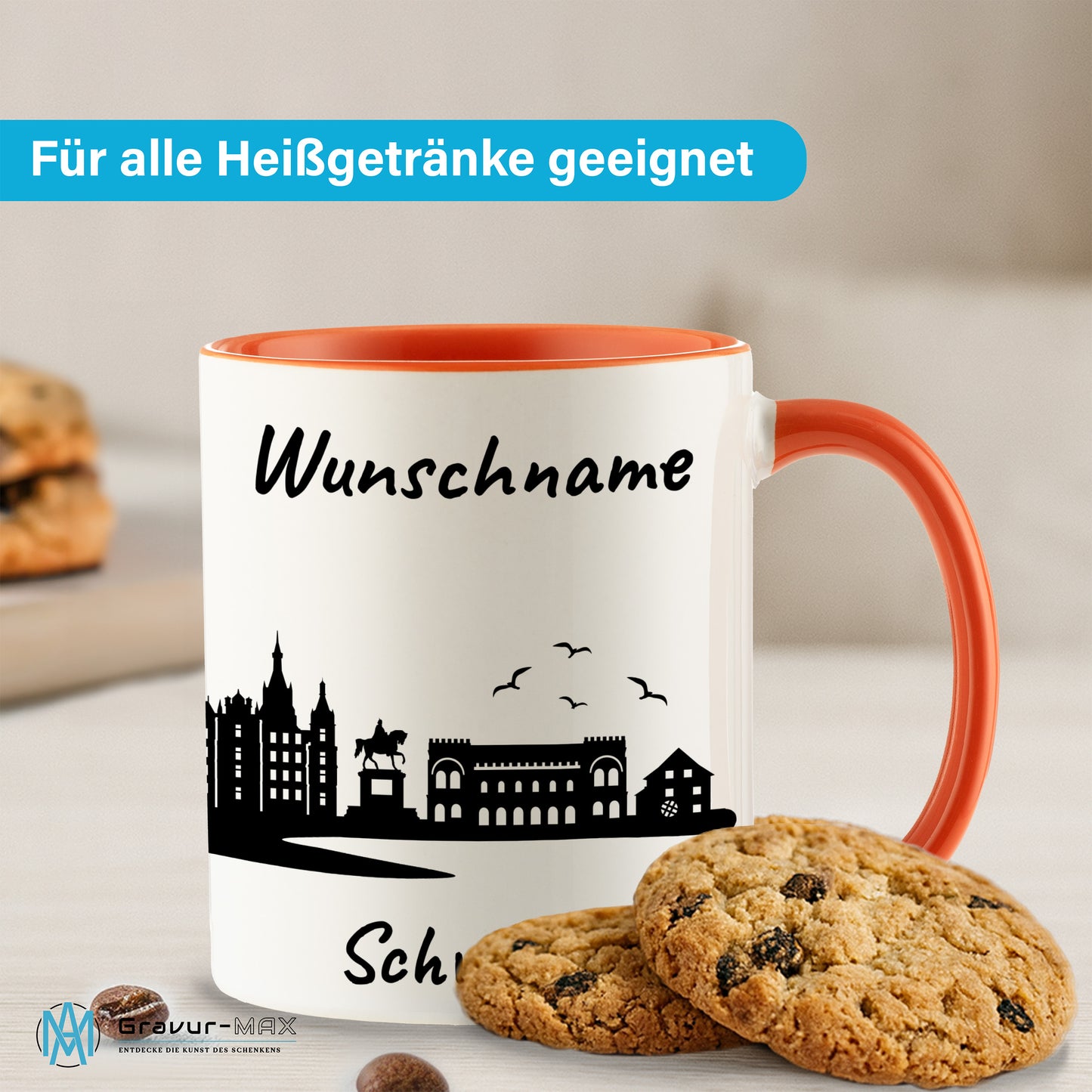 Tasse in Orange 330ml bedruckt mit der Skyline von Schwerin personalisierbar mit Wunschname