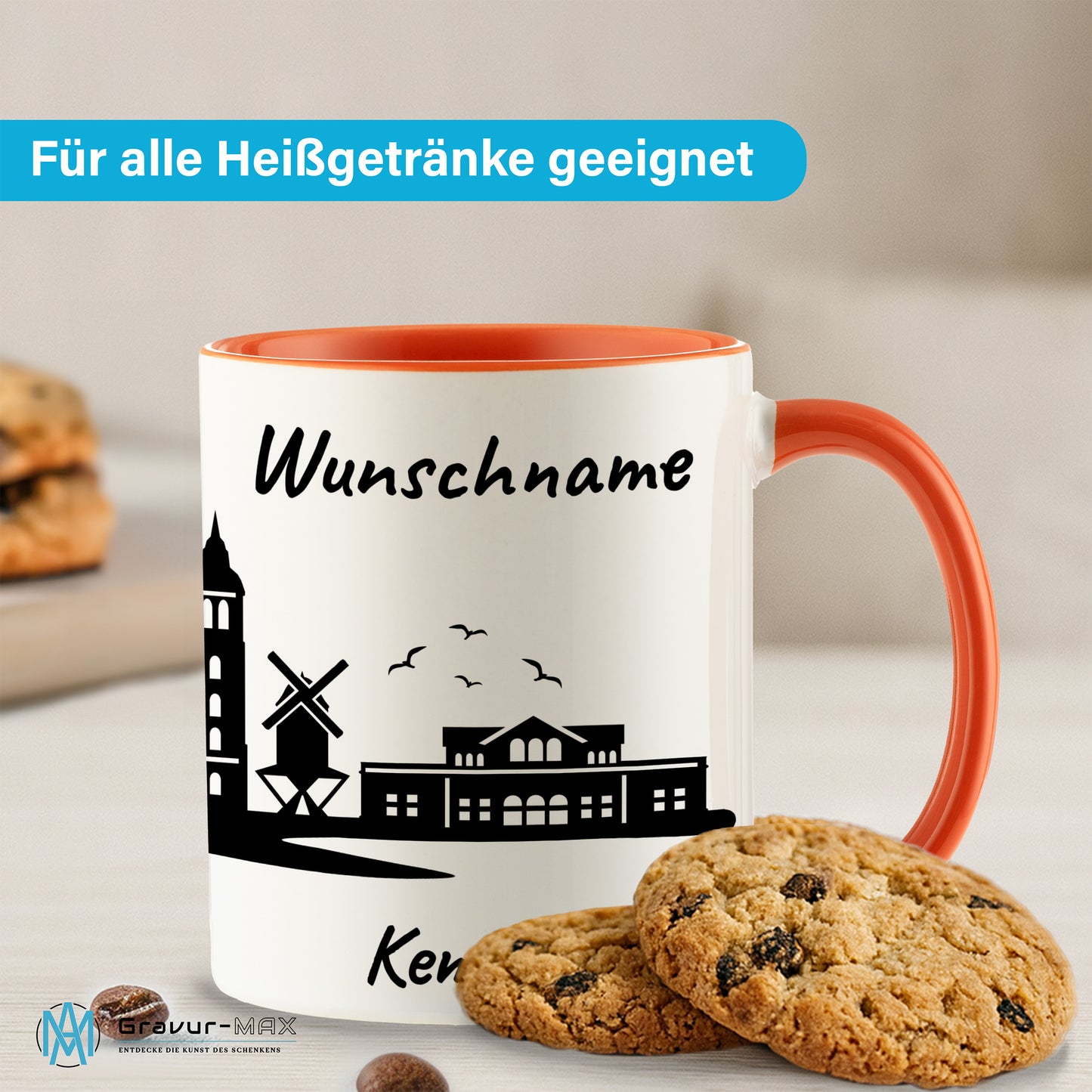 Tasse in Orange 330ml bedruckt mit der Skyline von Kempen personalisierbar mit Wunschname