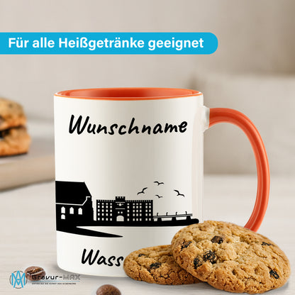 Tasse in Orange 330ml bedruckt mit der Skyline von Wasserburg personalisierbar mit Wunschname