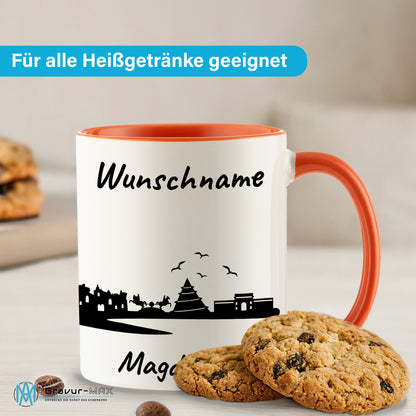 Tasse in Orange 330ml bedruckt mit der Skyline von Magdeburg personalisierbar mit Wunschname