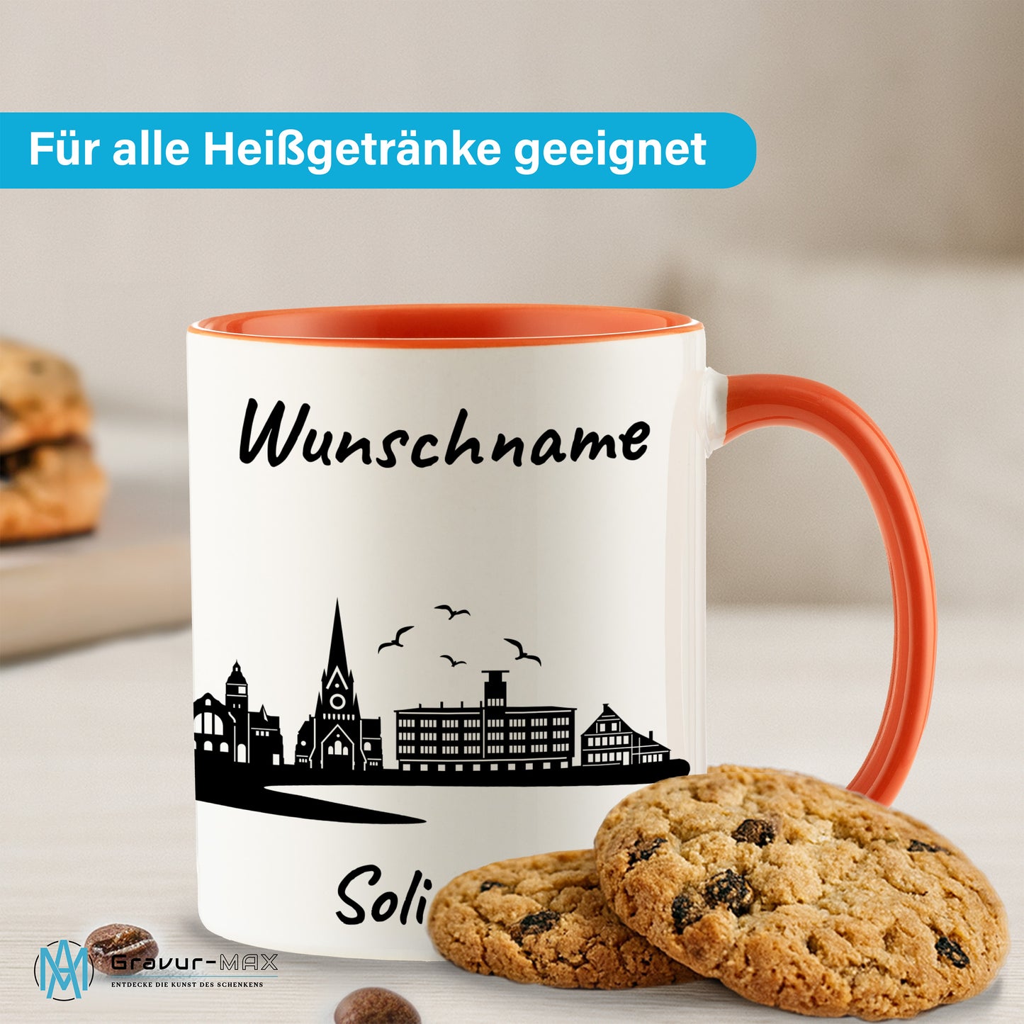 Tasse in Orange 330ml bedruckt mit der Skyline von Solingen personalisierbar mit Wunschname