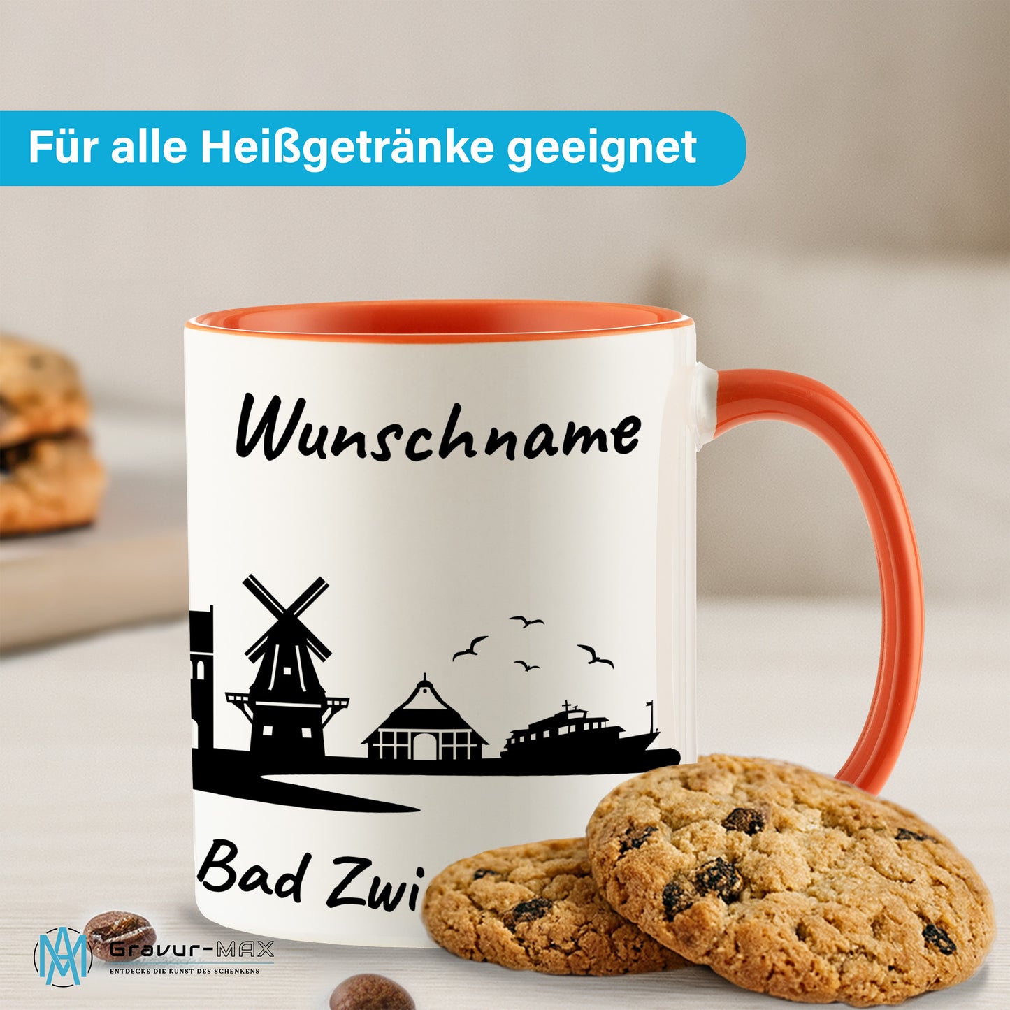 Tasse in Orange 330ml bedruckt mit der Skyline von Bad Zwischenahn personalisierbar mit Wunschname