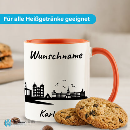 Tasse in Orange 330ml bedruckt mit der Skyline von Karlsruhe personalisierbar mit Wunschname
