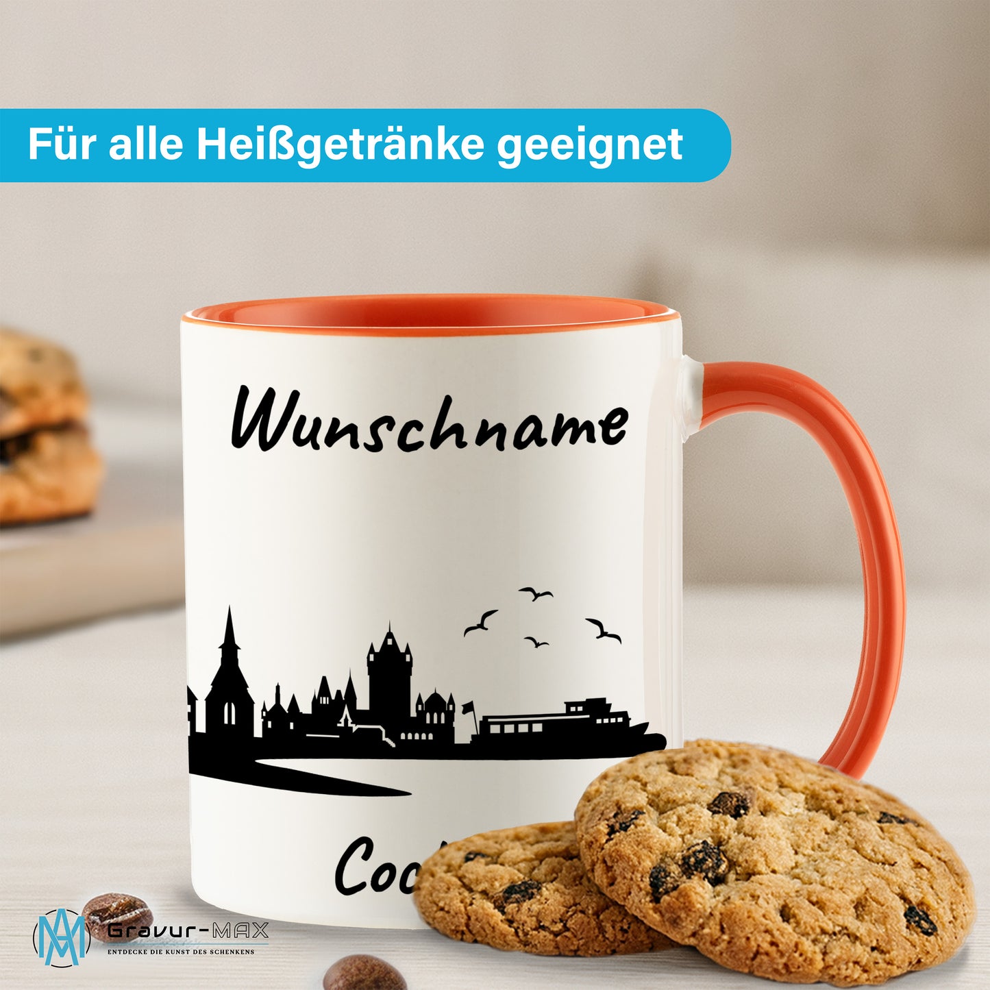 Tasse in Orange 330ml bedruckt mit der Skyline von Cochem personalisierbar mit Wunschname