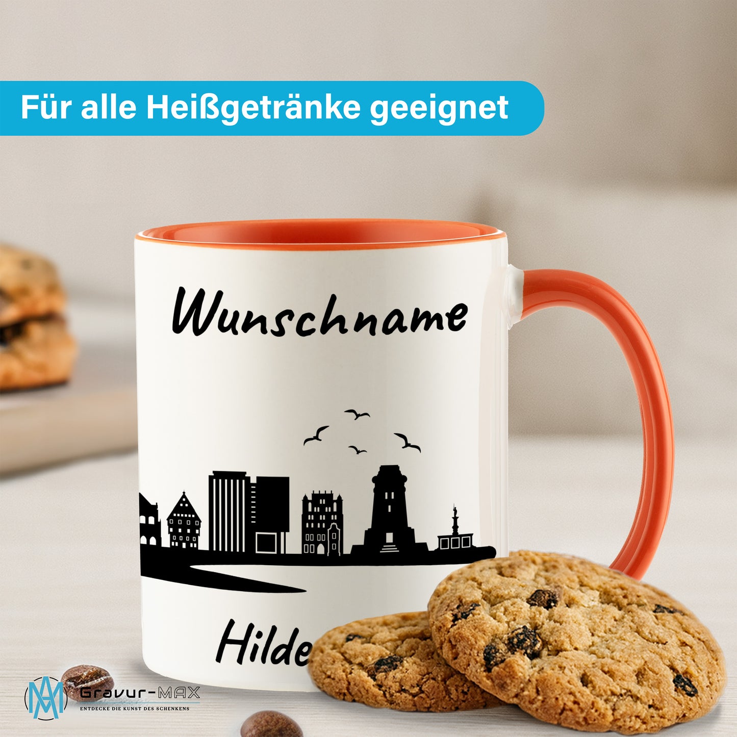 Tasse in Orange 330ml bedruckt mit der Skyline von Hildesheim personalisierbar mit Wunschname