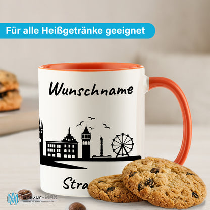Tasse in Orange 330ml bedruckt mit der Skyline von Straubing personalisierbar mit Wunschname