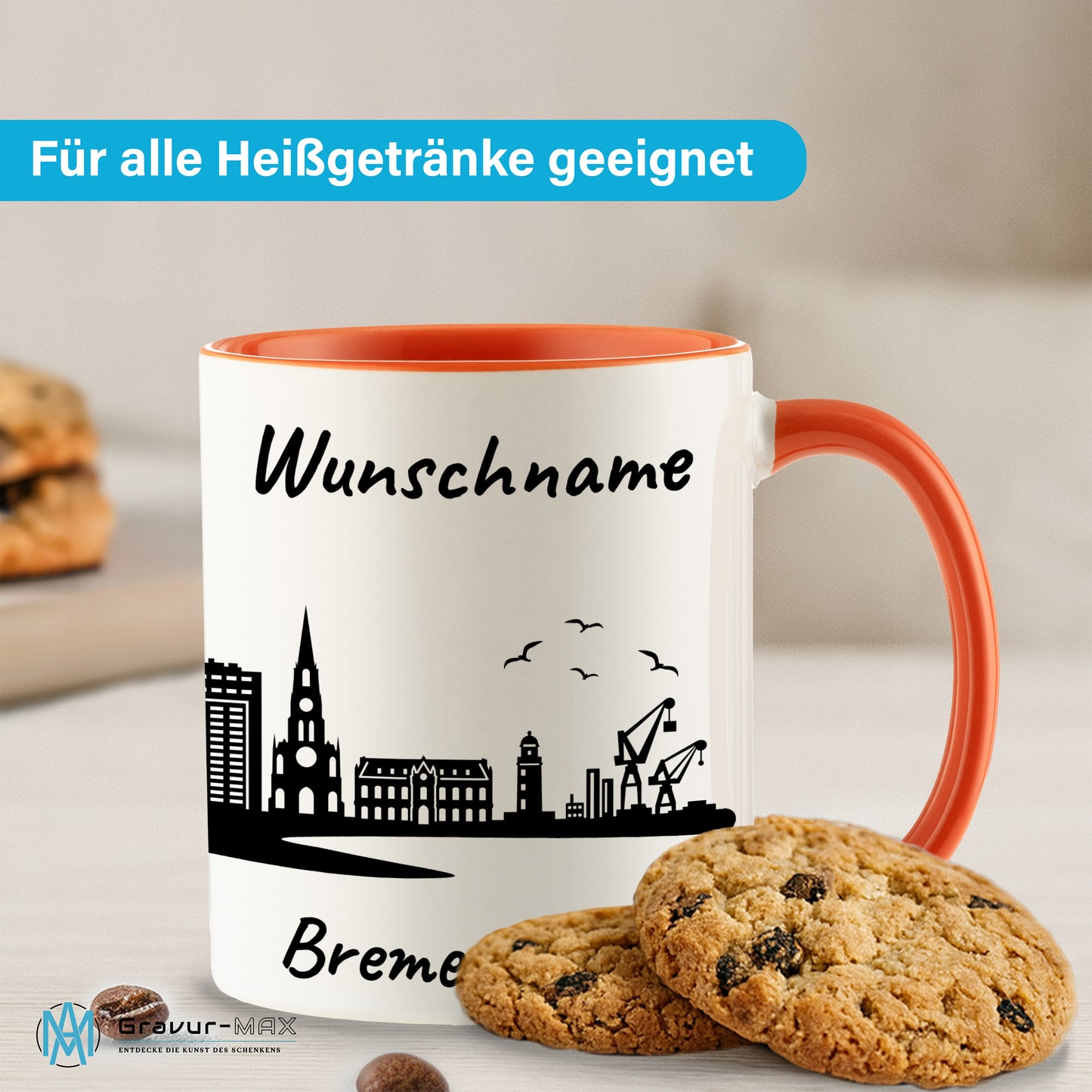 Tasse in Orange 330ml bedruckt mit der Skyline von Bremerhaven personalisierbar mit Wunschname