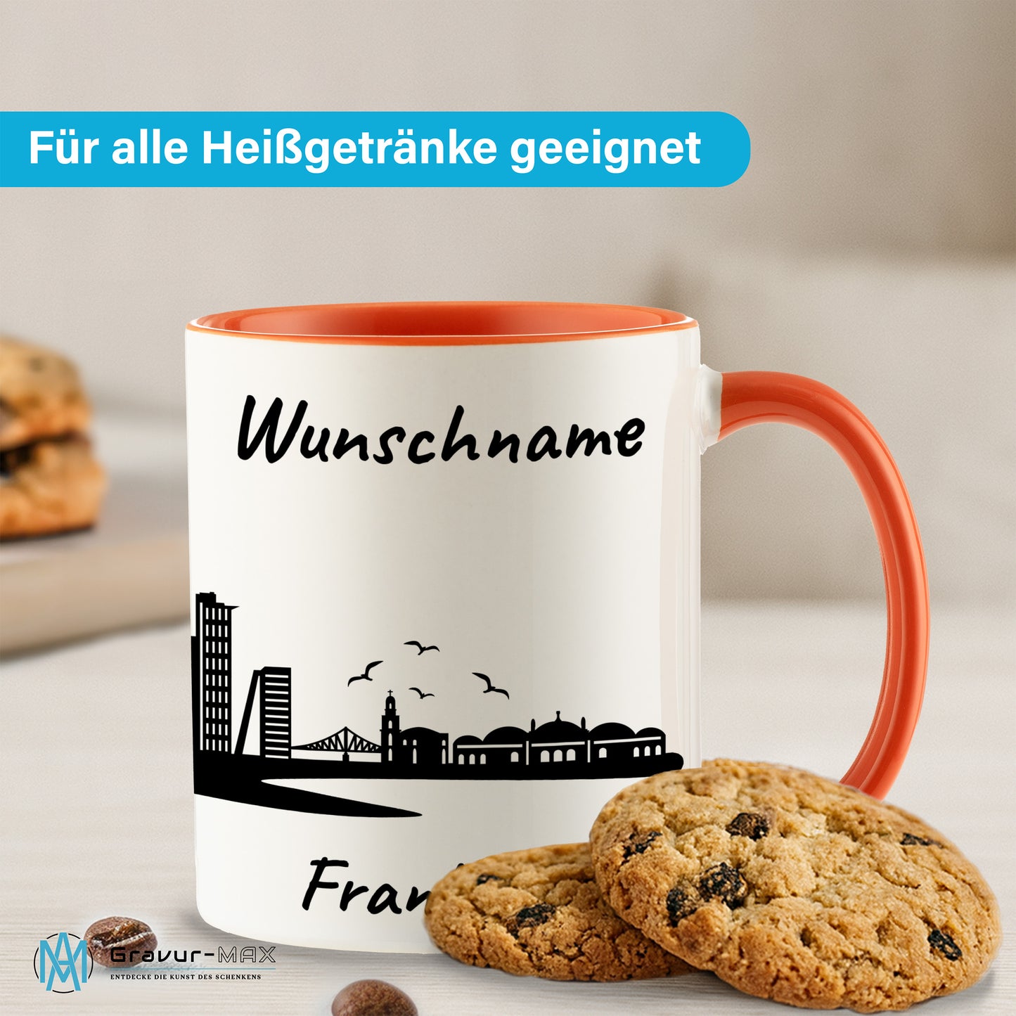 Tasse in Orange 330ml bedruckt mit der Skyline von Frankfurt personalisierbar mit Wunschname