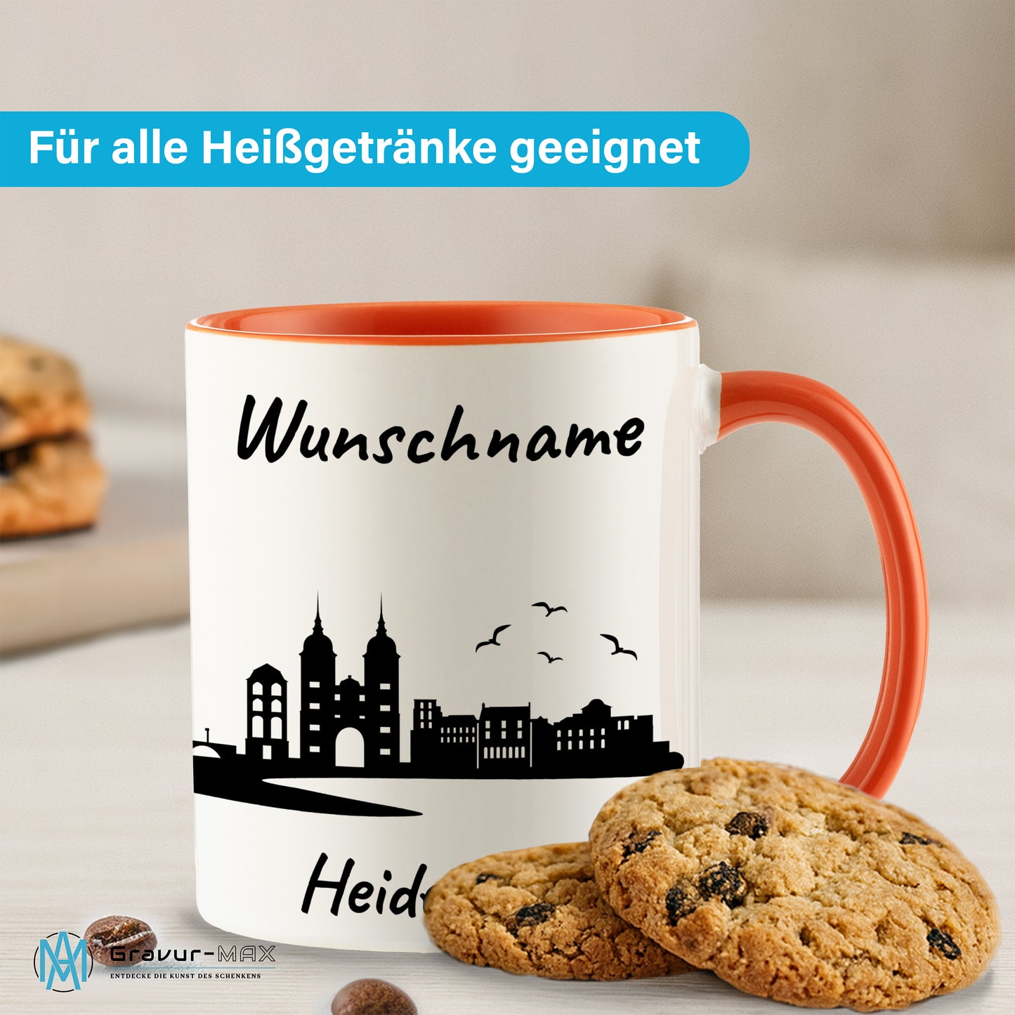 Tasse in Orange 330ml bedruckt mit der Skyline von Heidelberg personalisierbar mit Wunschname