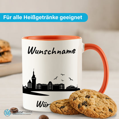 Tasse in Orange 330ml bedruckt mit der Skyline von Würzburg personalisierbar mit Wunschname