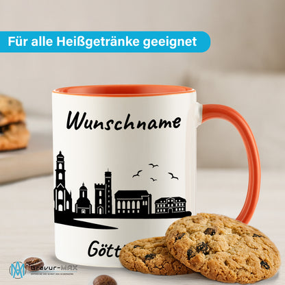 Tasse in Orange 330ml bedruckt mit der Skyline von Göttingen personalisierbar mit Wunschname
