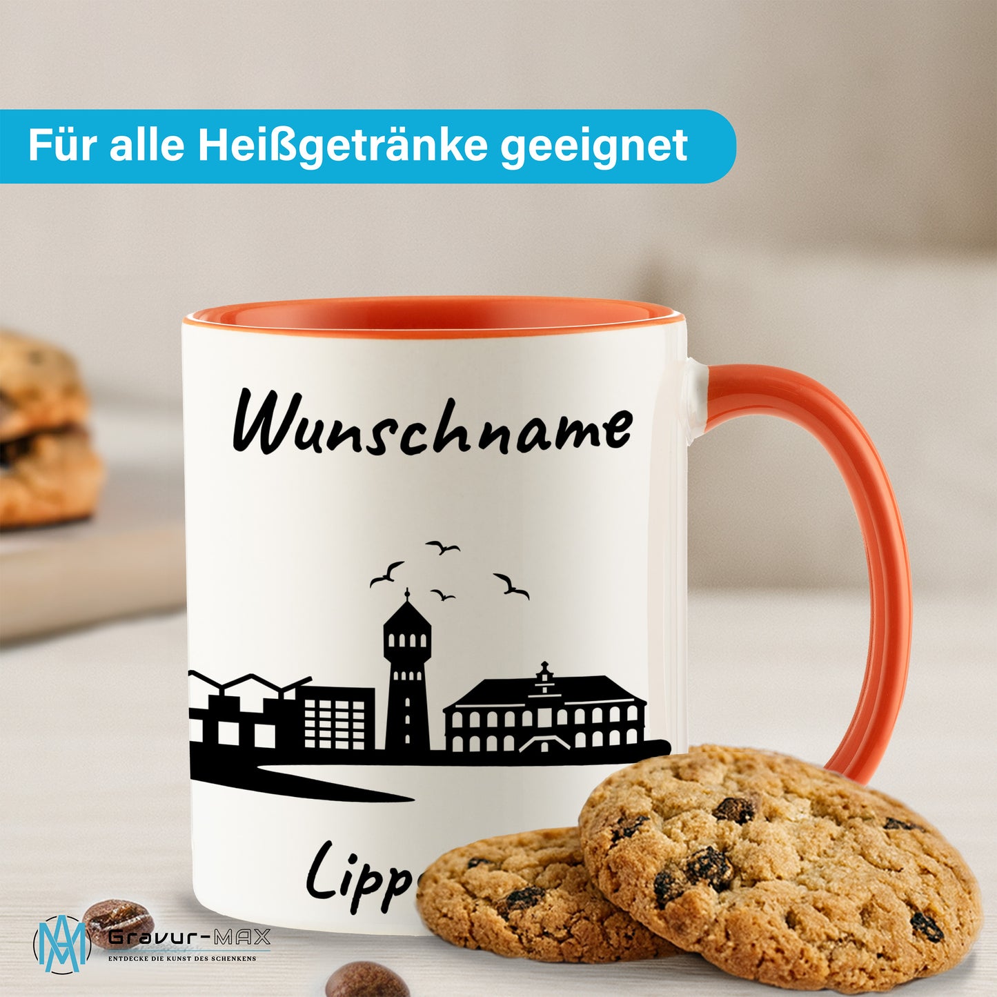 Tasse in Orange 330ml bedruckt mit der Skyline von Lippstadt personalisierbar mit Wunschname