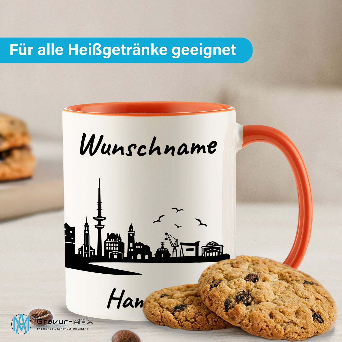 Tasse in Orange 330ml bedruckt mit der Skyline von Hamburg personalisierbar mit Wunschname