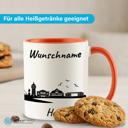 Tasse in Orange 330ml bedruckt mit der Skyline von Halle personalisierbar mit Wunschname