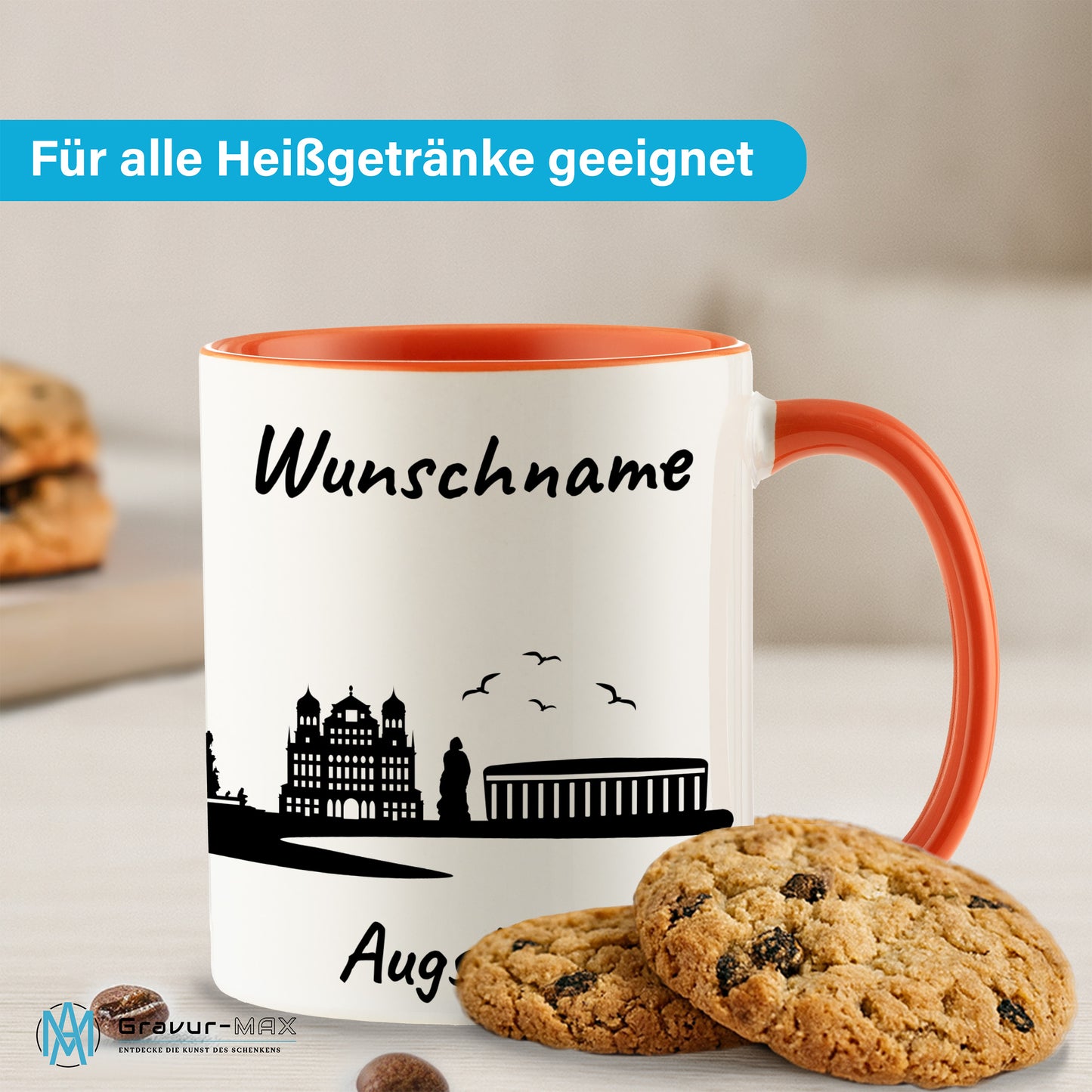 Tasse in Orange 330ml bedruckt mit der Skyline von Augsburg personalisierbar mit Wunschname