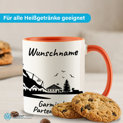 Tasse in Orange 330ml bedruckt mit der Skyline von Garmisch-Partenkirchen personalisierbar mit Wunschname