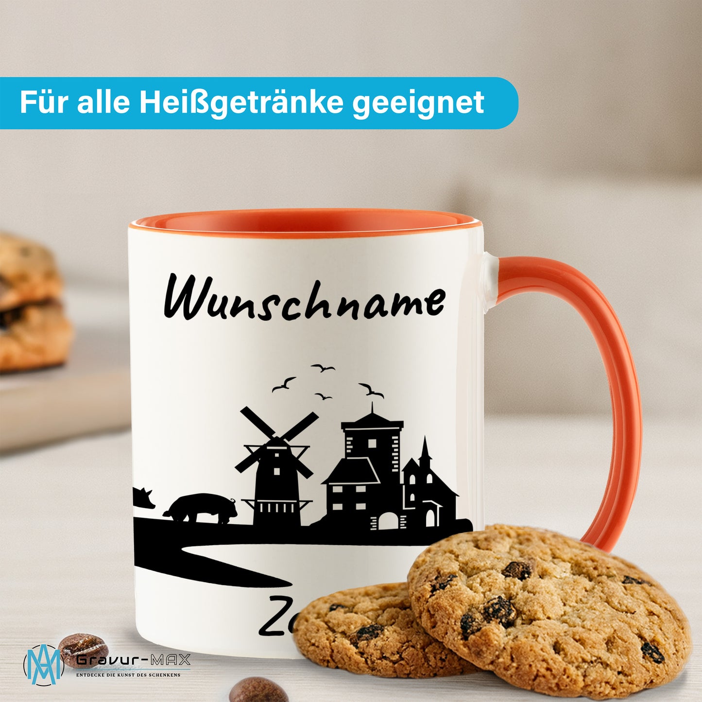 Tasse in Orange 330ml bedruckt mit der Skyline von Zons (Dormagen) personalisierbar mit Wunschname