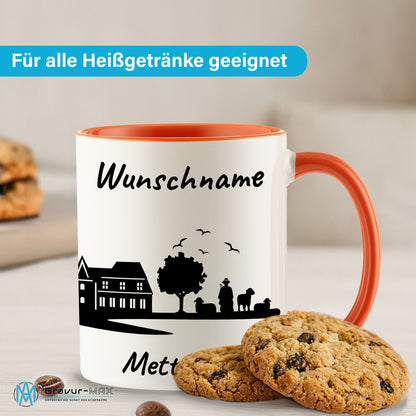 Tasse in Orange 330ml bedruckt mit der Skyline von Mettmann personalisierbar mit Wunschname