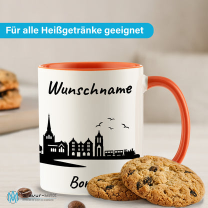 Tasse in Orange 330ml bedruckt mit der Skyline von Borkum personalisierbar mit Wunschname