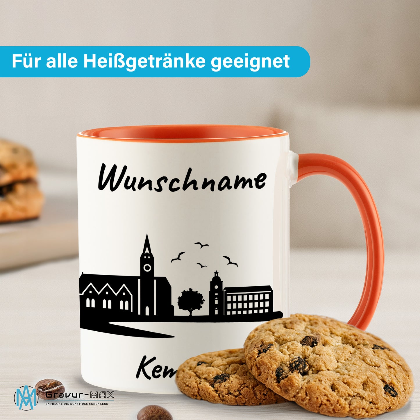 Tasse in Orange 330ml bedruckt mit der Skyline von Kempten personalisierbar mit Wunschname