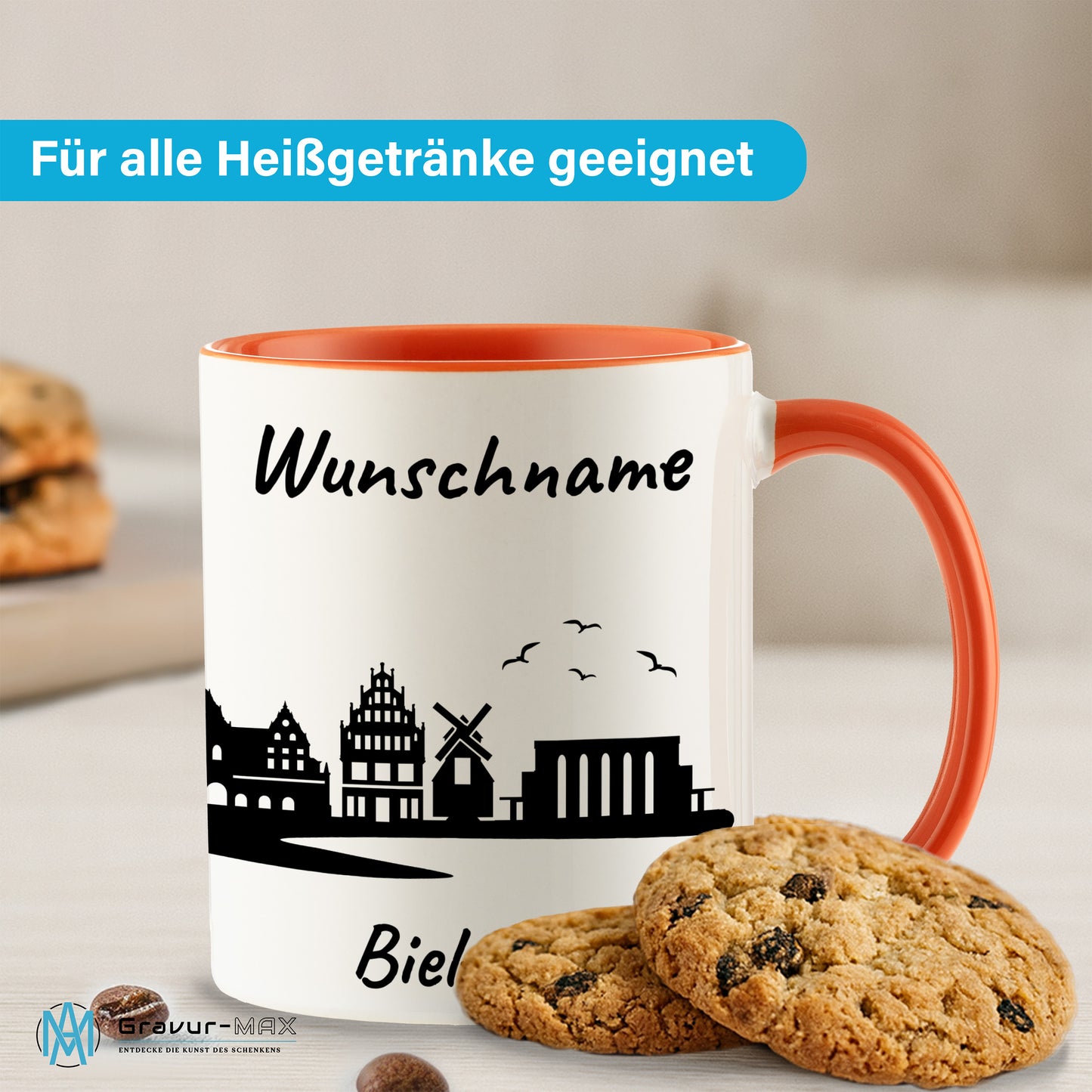Tasse in Orange 330ml bedruckt mit der Skyline von Bielefeld personalisierbar mit Wunschname