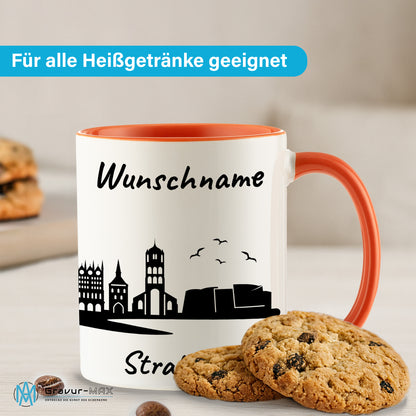 Tasse in Orange 330ml bedruckt mit der Skyline von Stralsund personalisierbar mit Wunschname