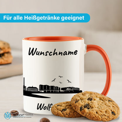 Tasse in Orange 330ml bedruckt mit der Skyline von Wolfsburg personalisierbar mit Wunschname