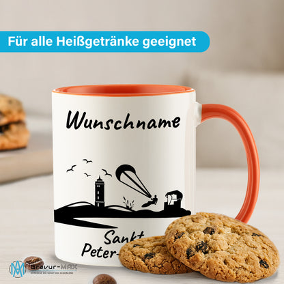 Tasse in Orange 330ml bedruckt mit der Skyline von Sankt Peter-Ording personalisierbar mit Wunschname
