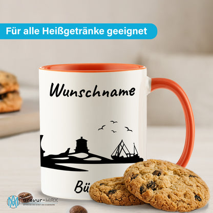 Tasse in Orange 330ml bedruckt mit der Skyline von Büsum personalisierbar mit Wunschname