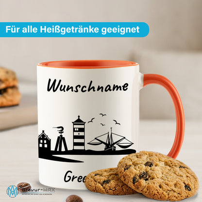Tasse in Orange 330ml bedruckt mit der Skyline von Greetsiel personalisierbar mit Wunschname