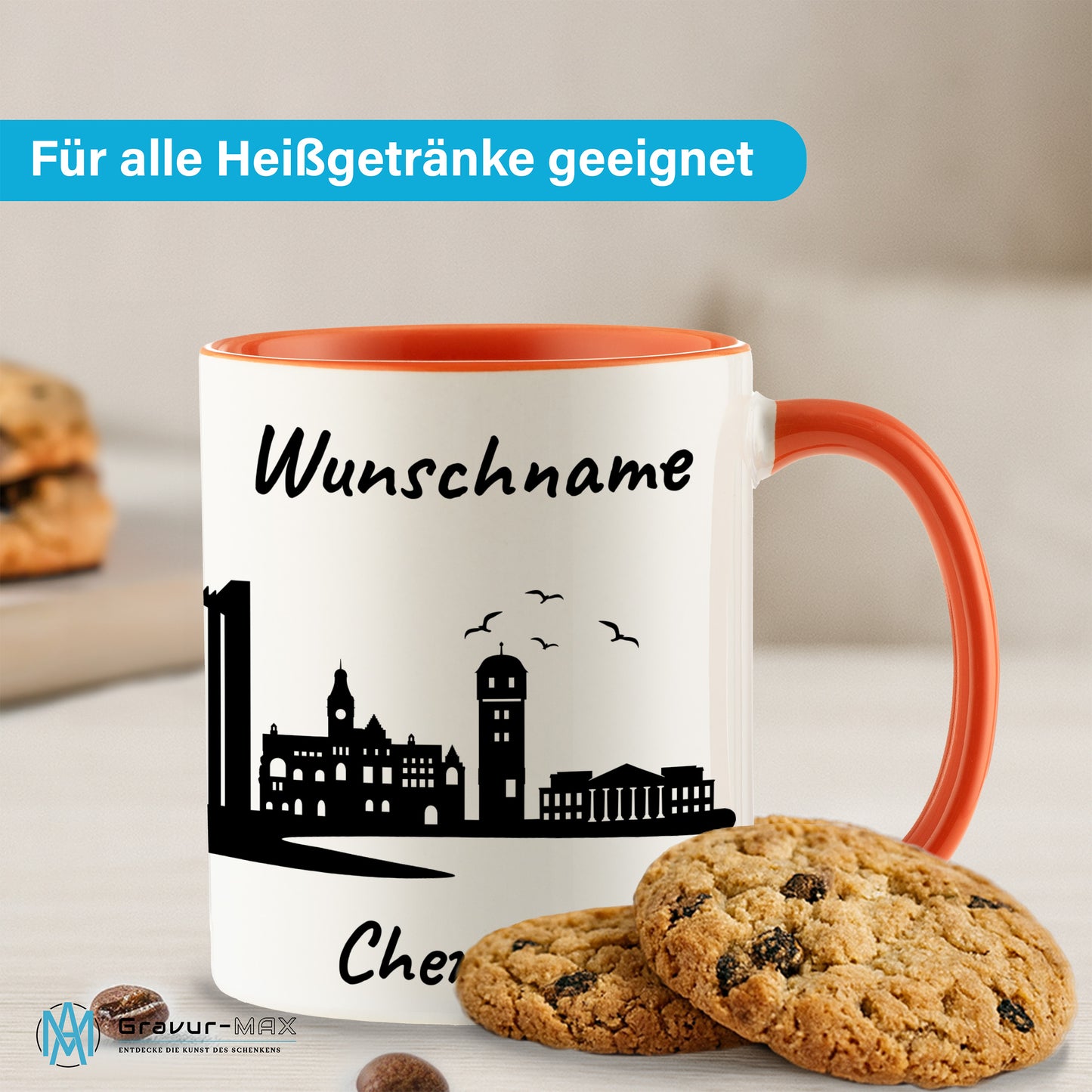 Tasse in Orange 330ml bedruckt mit der Skyline von Chemnitz personalisierbar mit Wunschname